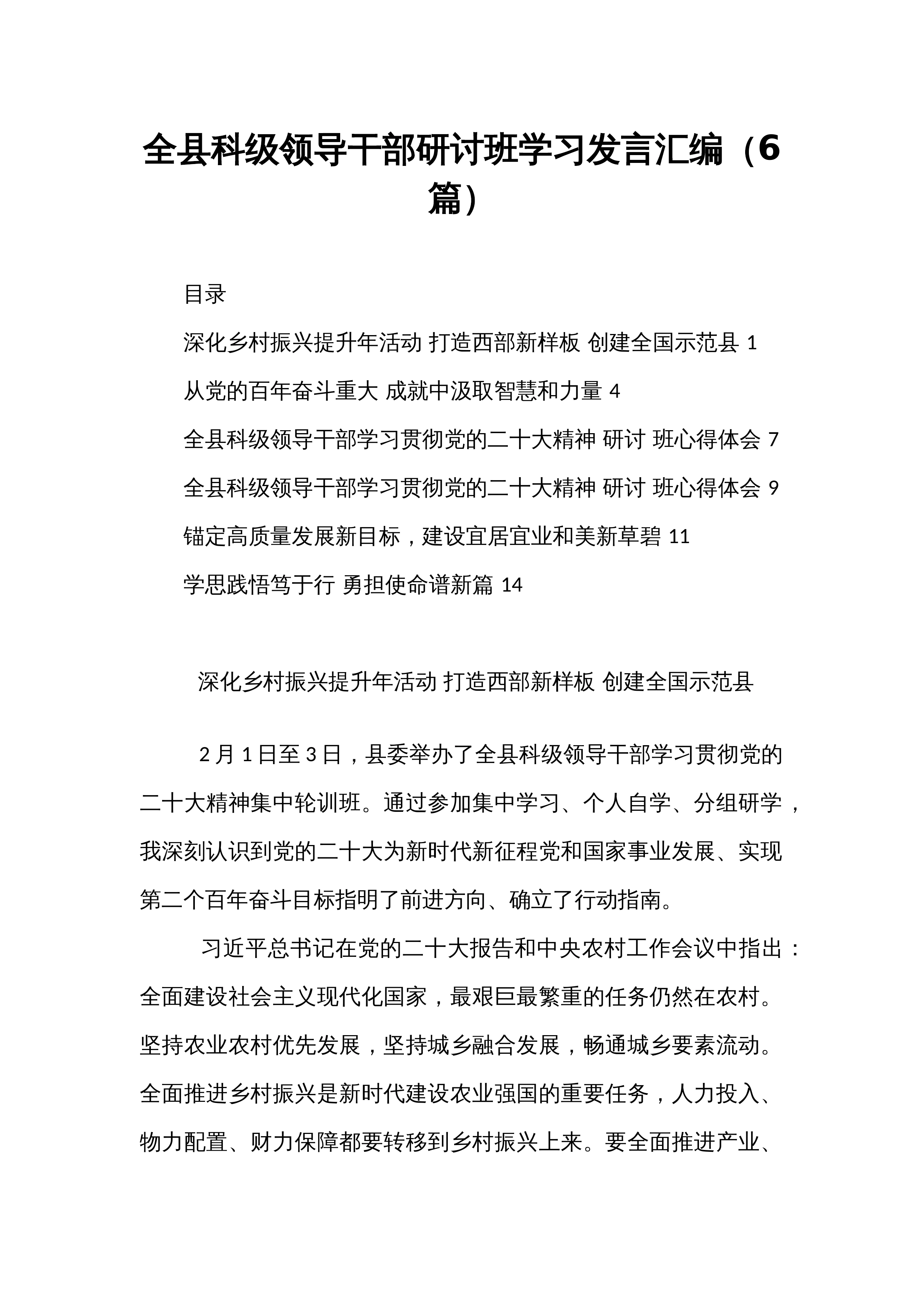 全县科级领导干部研讨班学习发言汇编（6篇）_第1页
