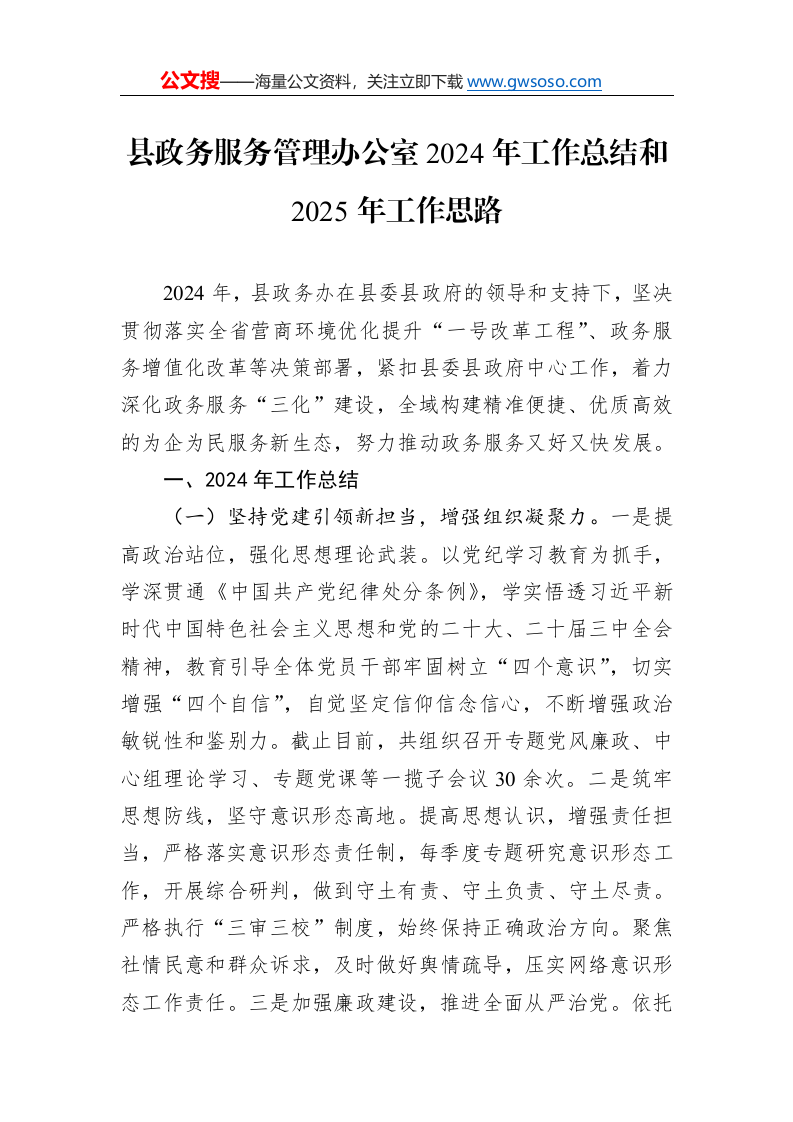 县政务服务管理办公室2024年工作总结和2025年工作思路._第1页