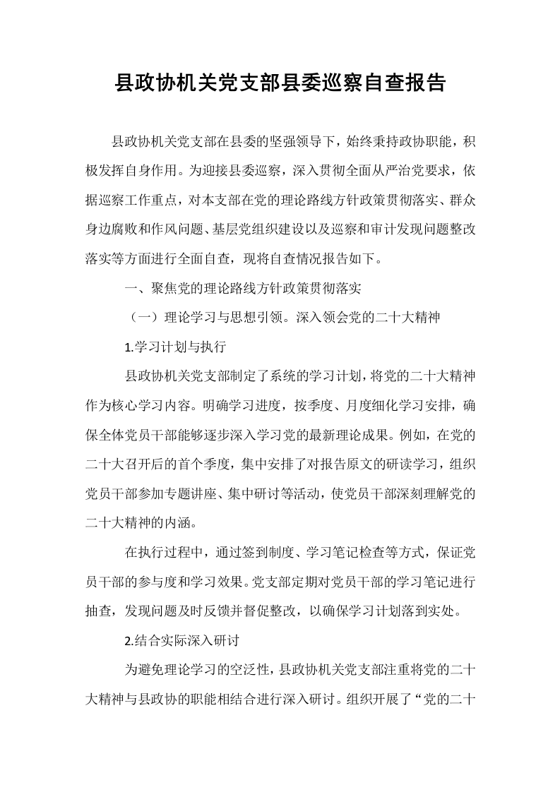 县政协机关党支部县委巡察自查报告_第1页