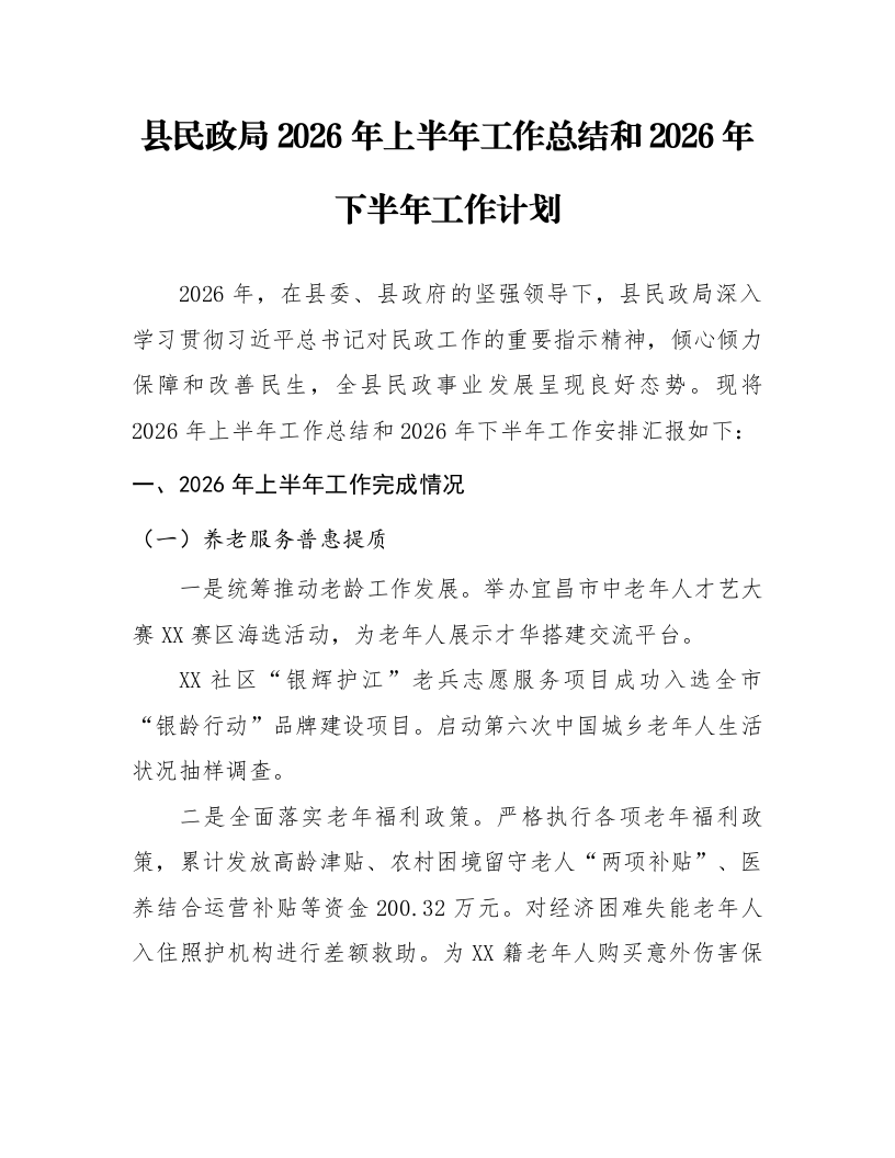 县民政局2026 年上半年工作总结和2026 年下半年工作计划_第1页