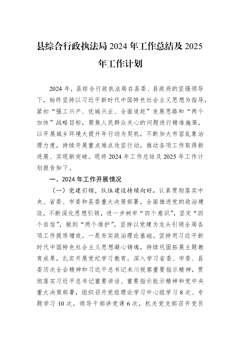 县综合行政执法局2024年工作总结及2025年工作计划_第1页