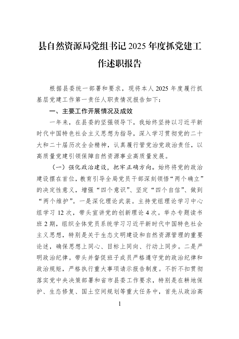 县自然资源局党组书记2025年度抓党建工作述职报告_第1页