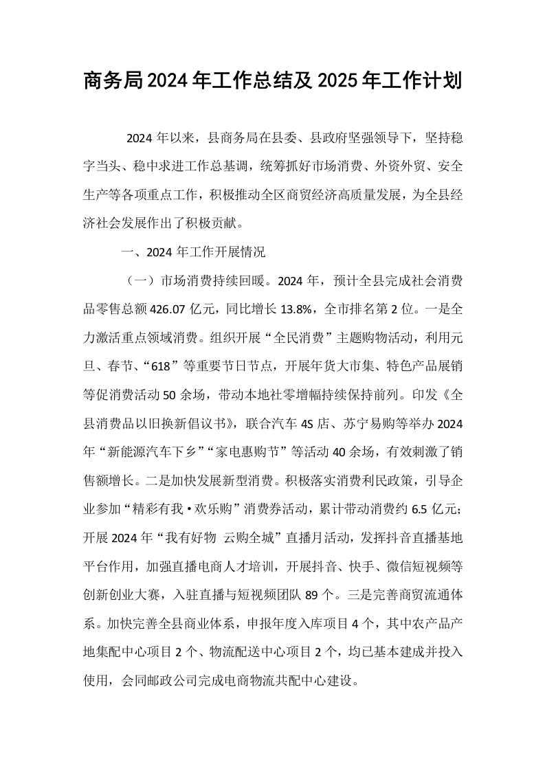 商务局2024年工作总结及2025年工作计划_第1页