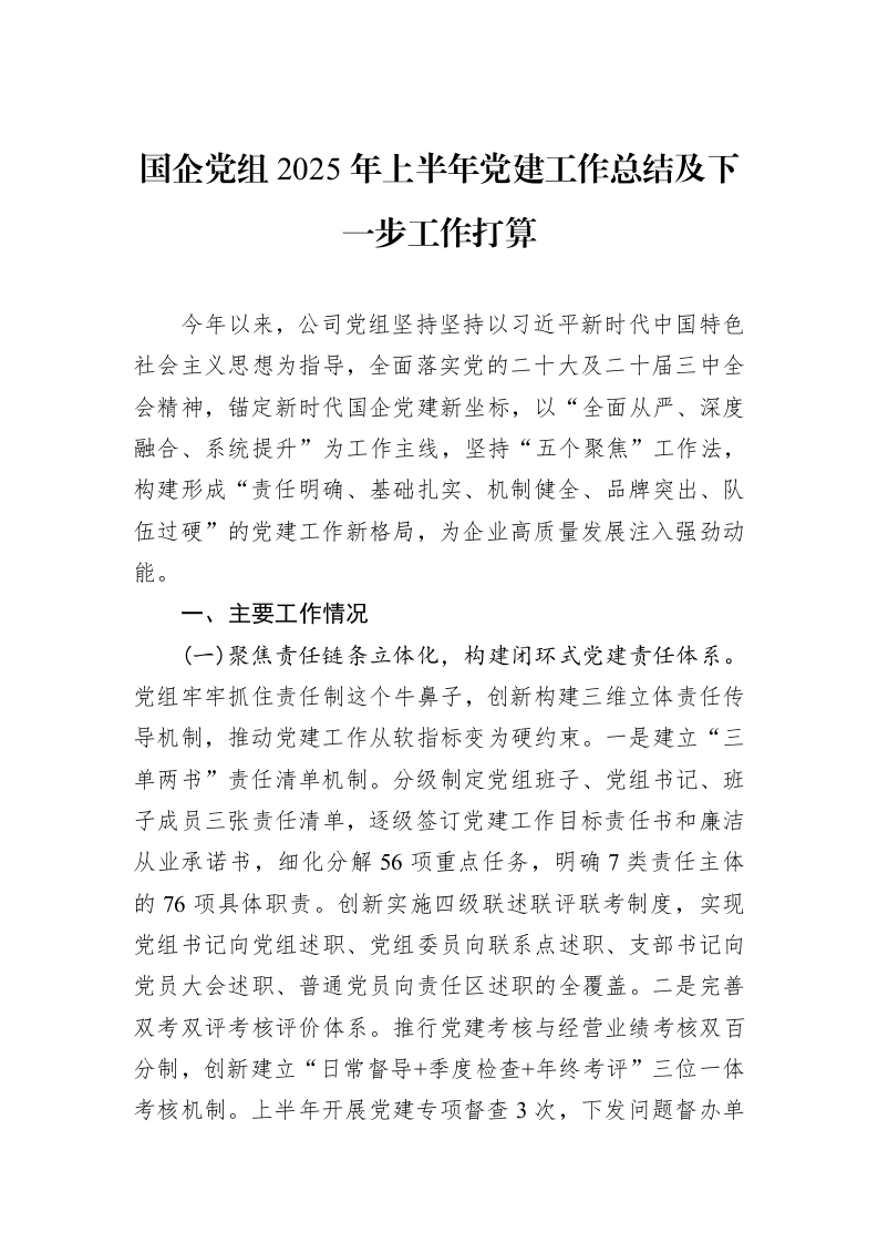 国企党组2025年上半年党建工作总结及下一步工作打算_第1页