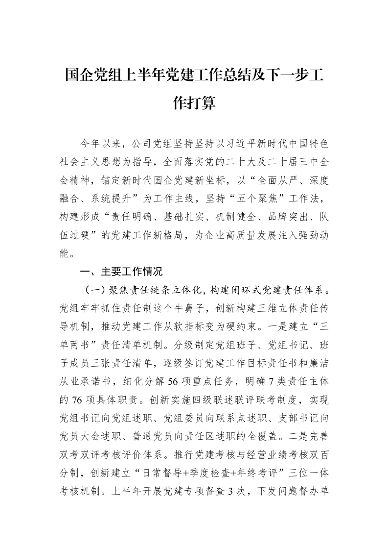 国企党组上半年党建工作总结及下一步工作打算 (1)_第1页