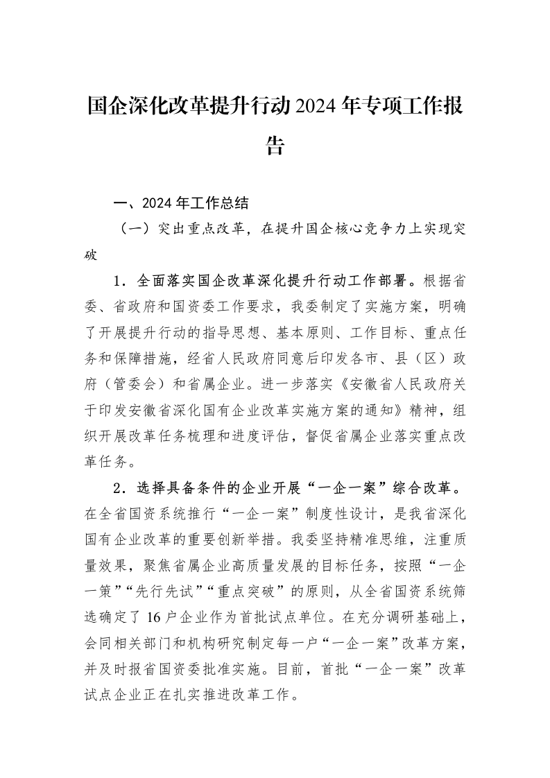 国企深化改革提升行动2024年专项工作报告_第1页