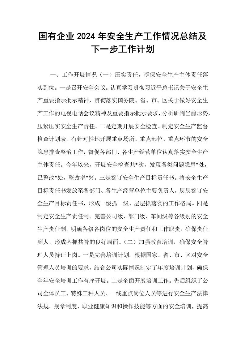 国有企业2024年安全生产工作情况总结及下一步工作计划_第1页