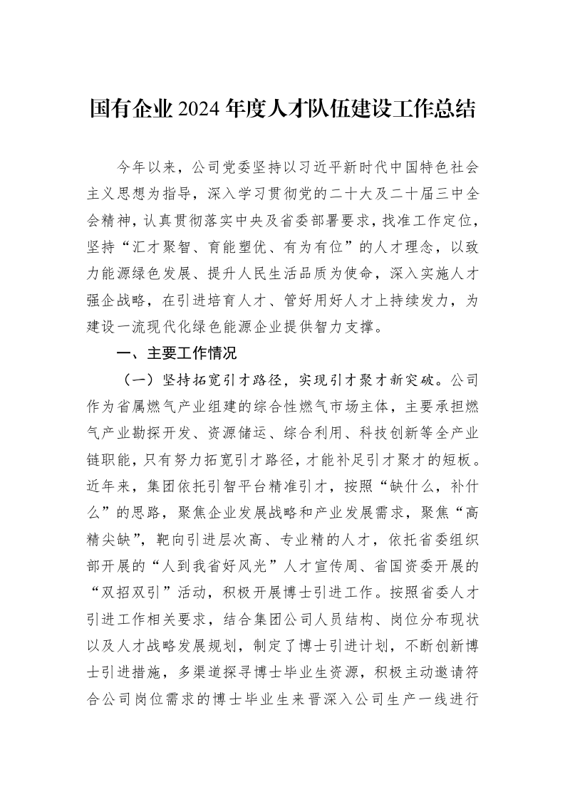国有企业2024年度人才队伍建设工作总结_第1页