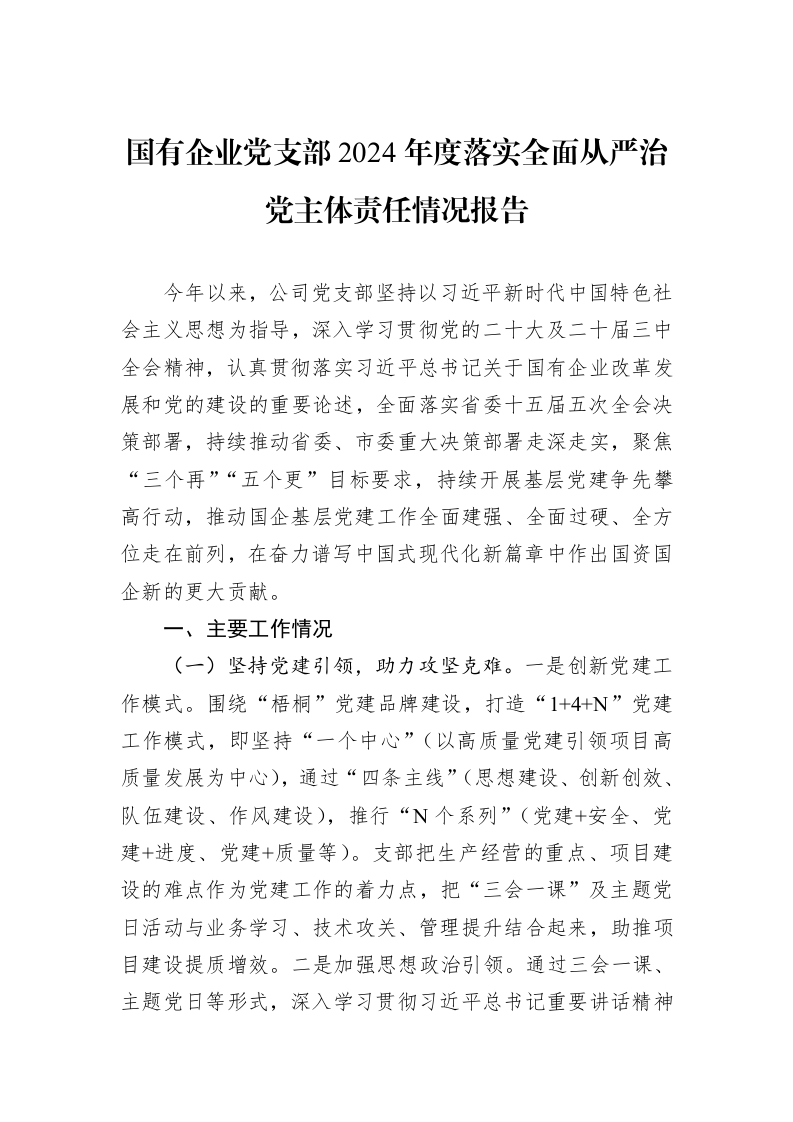 国有企业党支部2024年度落实全面从严治党主体责任情况报告_第1页