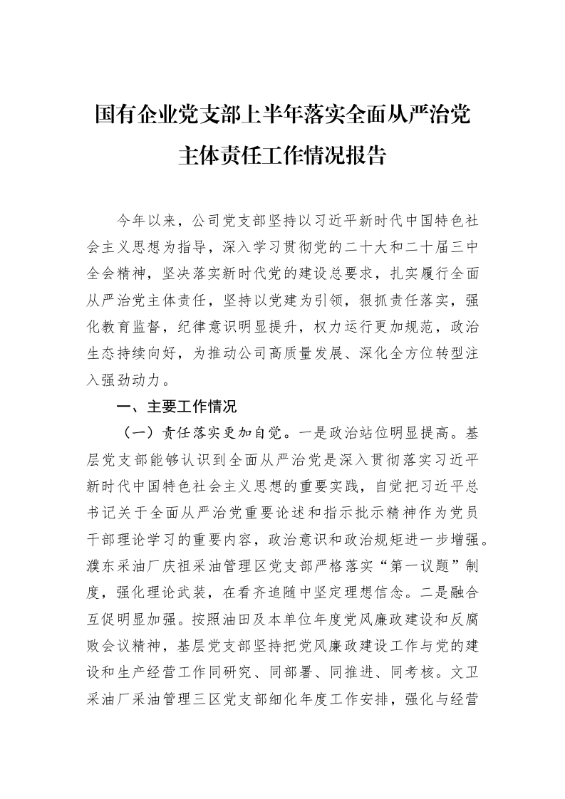国有企业党支部上半年落实全面从严治党主体责任工作情况报告_第1页