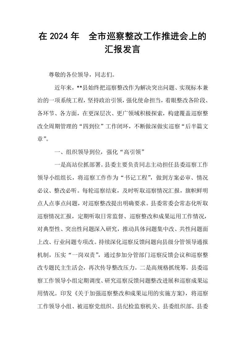 在2024年​全市巡察整改工作推进会上的汇报发言_第1页