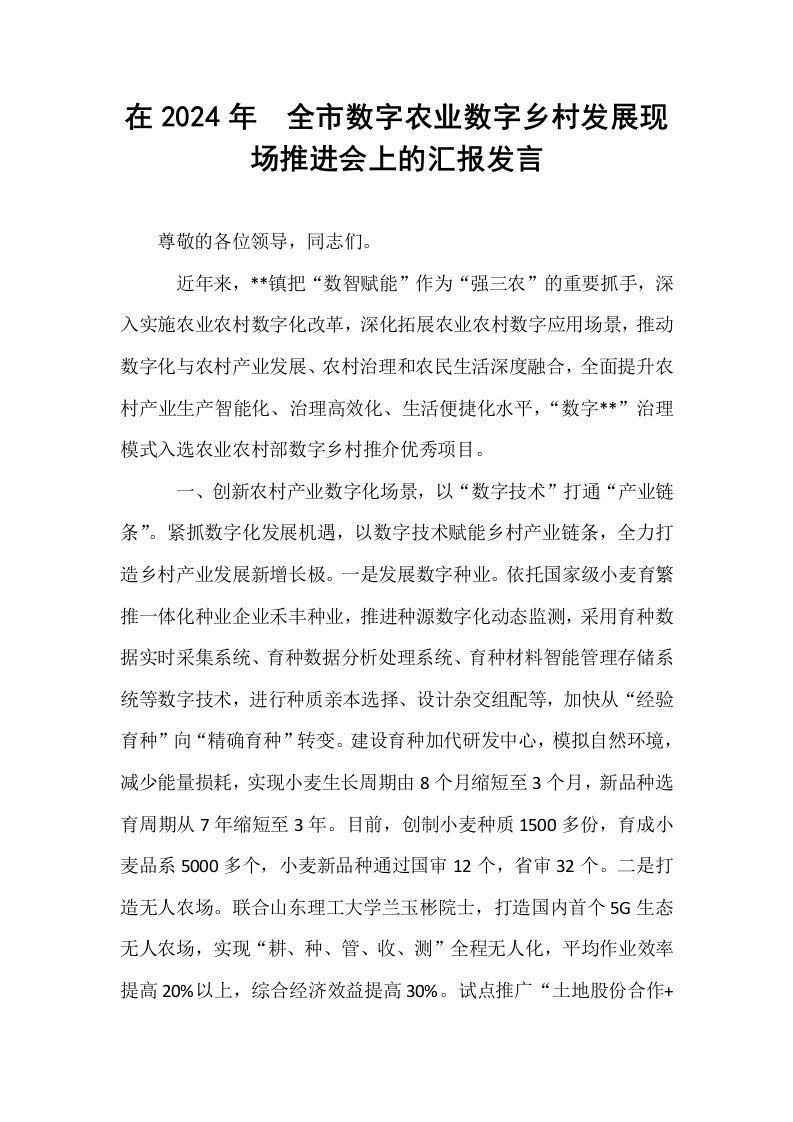 在2024年​全市数字农业数字乡村发展现场推进会上的汇报发言_第1页