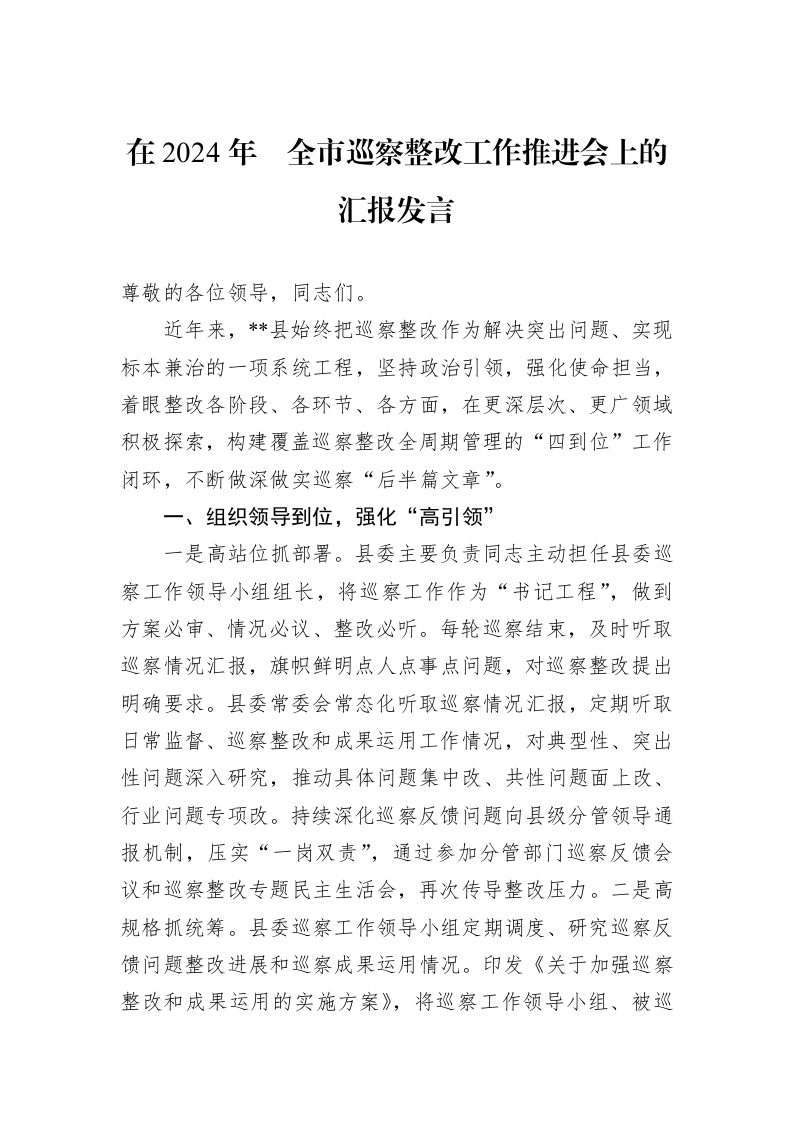 在2024年全市巡察整改工作推进会上的汇报发言_第1页