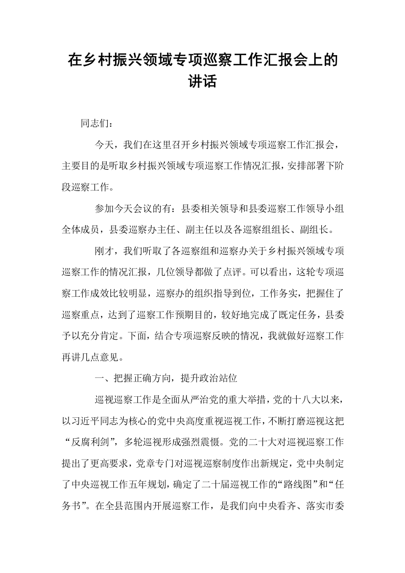 在乡村振兴领域专项巡察工作汇报会上的讲话_第1页