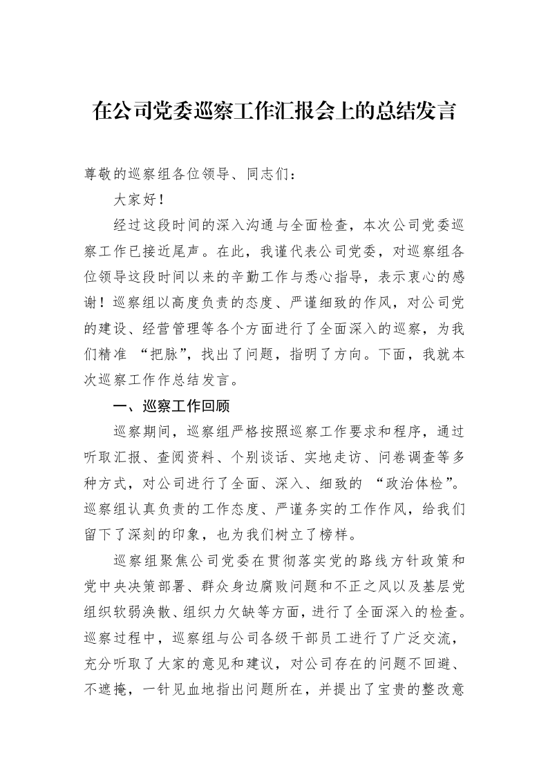 在公司党委巡察工作汇报会上的总结发言（02-12）_第1页