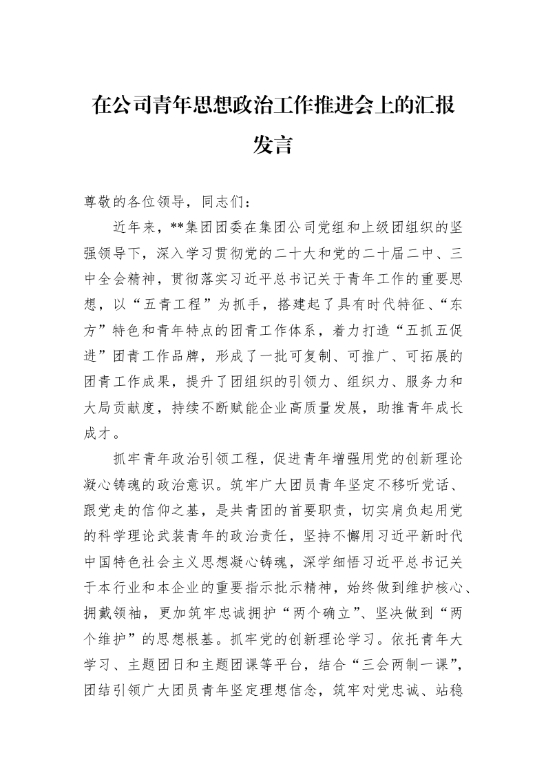 在公司青年思想政治工作推进会上的汇报发言 (1)_第1页