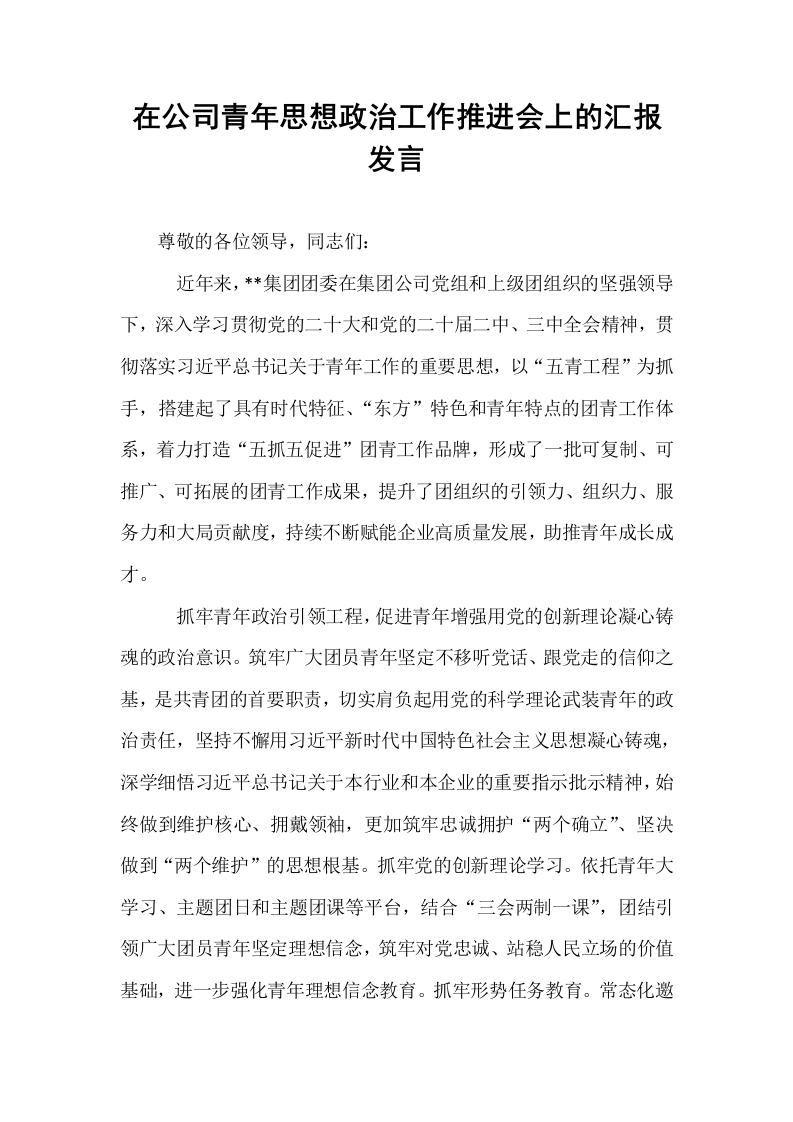 在公司青年思想政治工作推进会上的汇报发言_第1页
