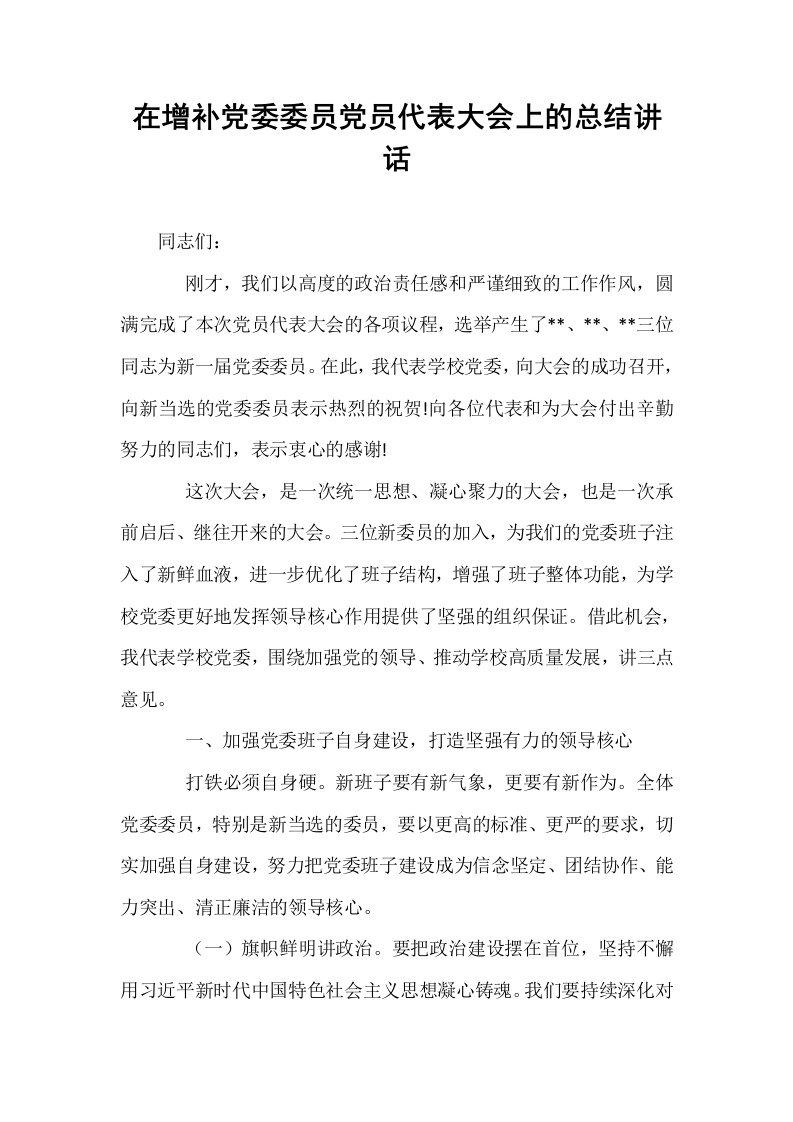 在增补党委委员党员代表大会上的总结讲话_第1页