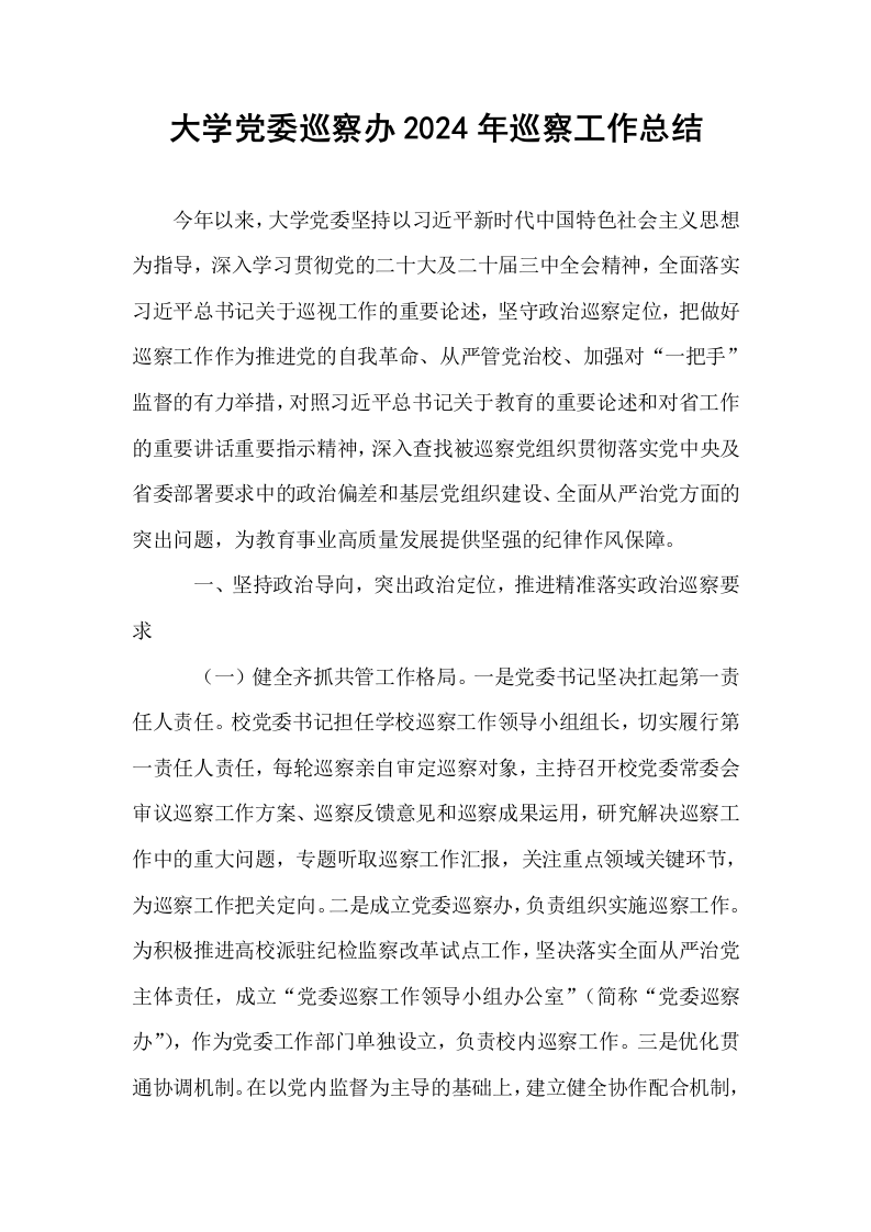大学党委巡察办2024年巡察工作总结_第1页