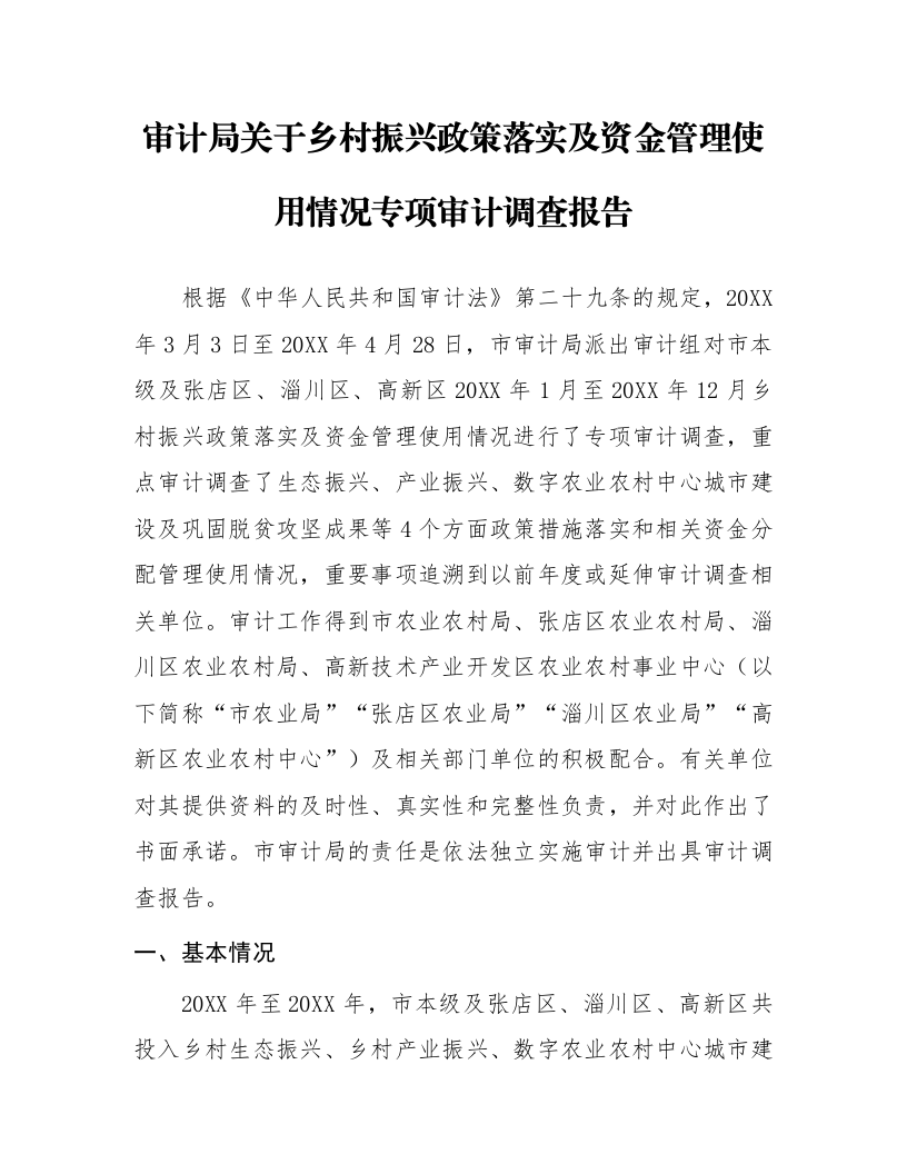 审计局关于乡村振兴政策落实及资金管理使用情况专项审计调查报告_第1页