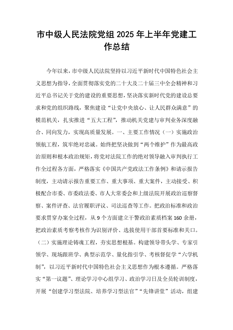 市中级人民法院党组2025年上半年党建工作总结_第1页