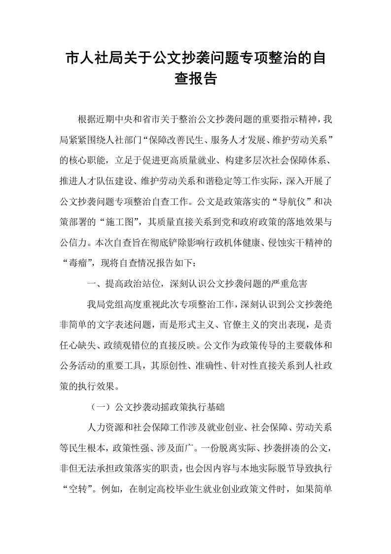 市人社局关于公文抄袭问题专项整治的自查报告_第1页