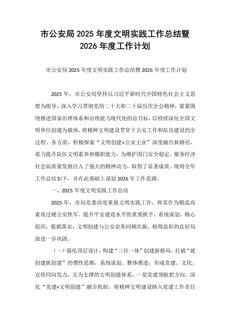 市公安局2025年度文明实践工作总结暨2026年度工作计划_第1页
