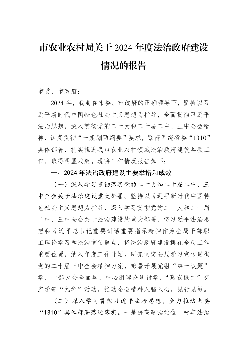 市农业农村局关于2024年度法治政府建设情况的报告 (1)_第1页