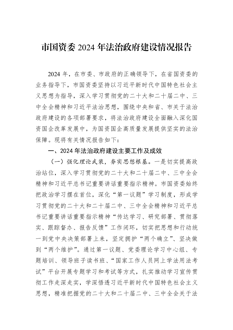 市国资委2024年法治政府建设情况报告（01-20）_第1页
