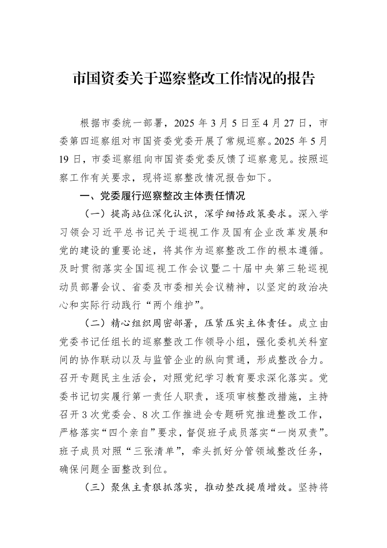 市国资委关于巡察整改工作情况的报告_第1页