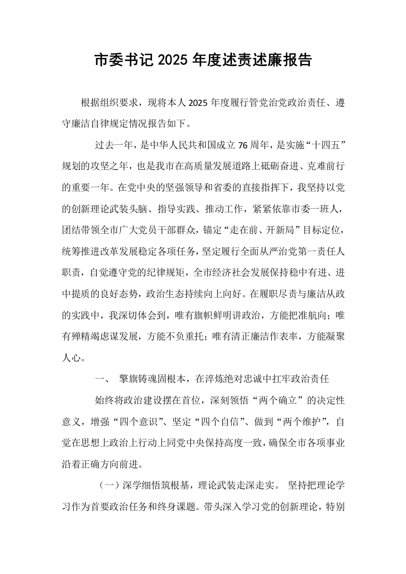 市委书记2025年度述责述廉报告_第1页