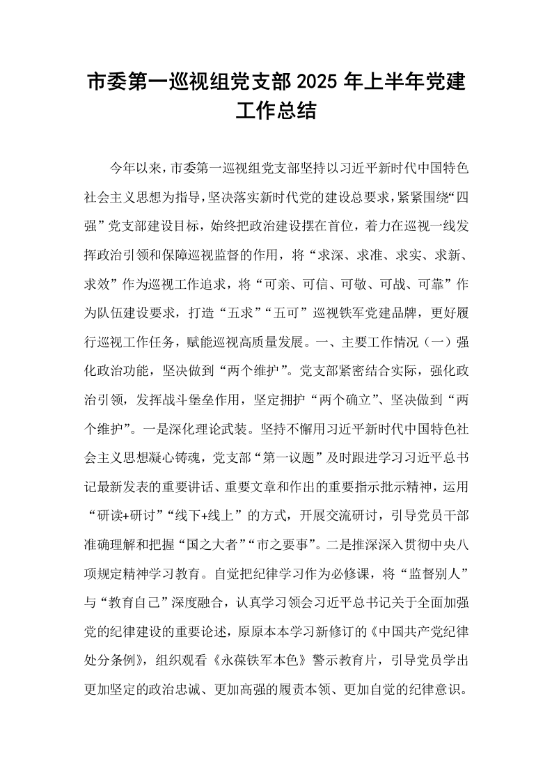 市委第一巡视组党支部2025年上半年党建工作总结_第1页