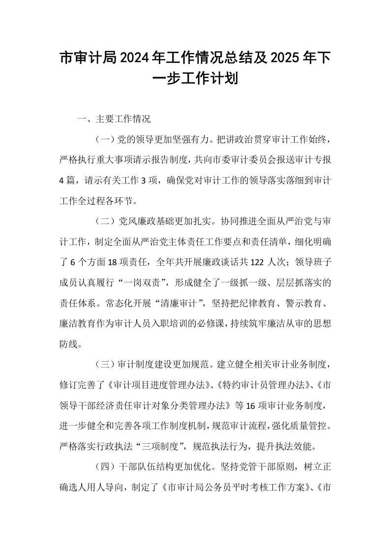 市审计局2024年工作情况总结及2025年下一步工作计划_第1页