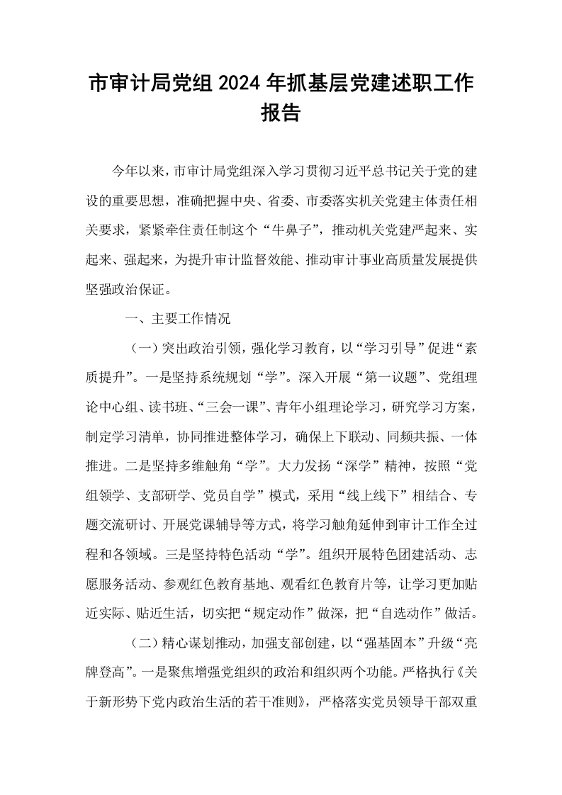 市审计局党组2024年抓基层党建述职工作报告_第1页
