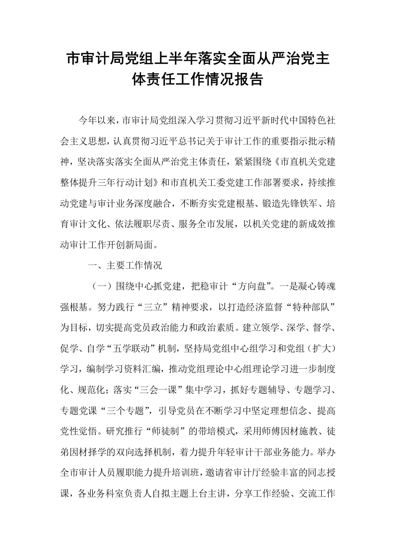 市审计局党组上半年落实全面从严治党主体责任工作情况报告_第1页