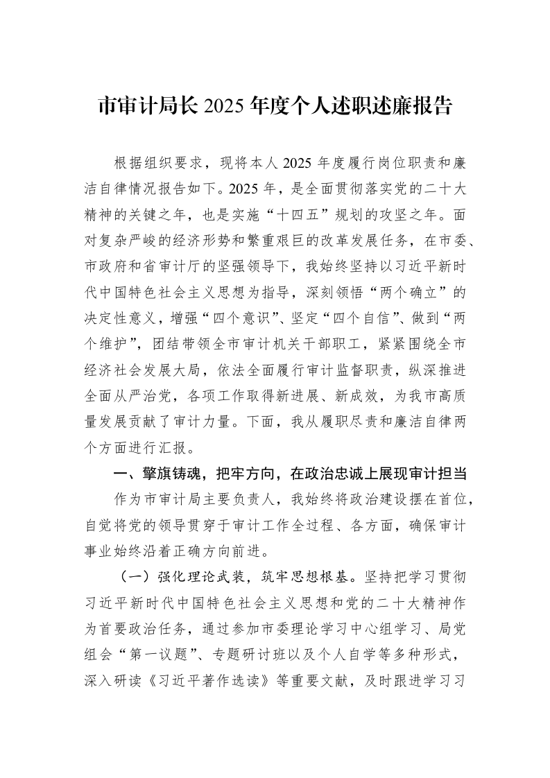 市审计局长2025年度个人述职述廉报告_第1页