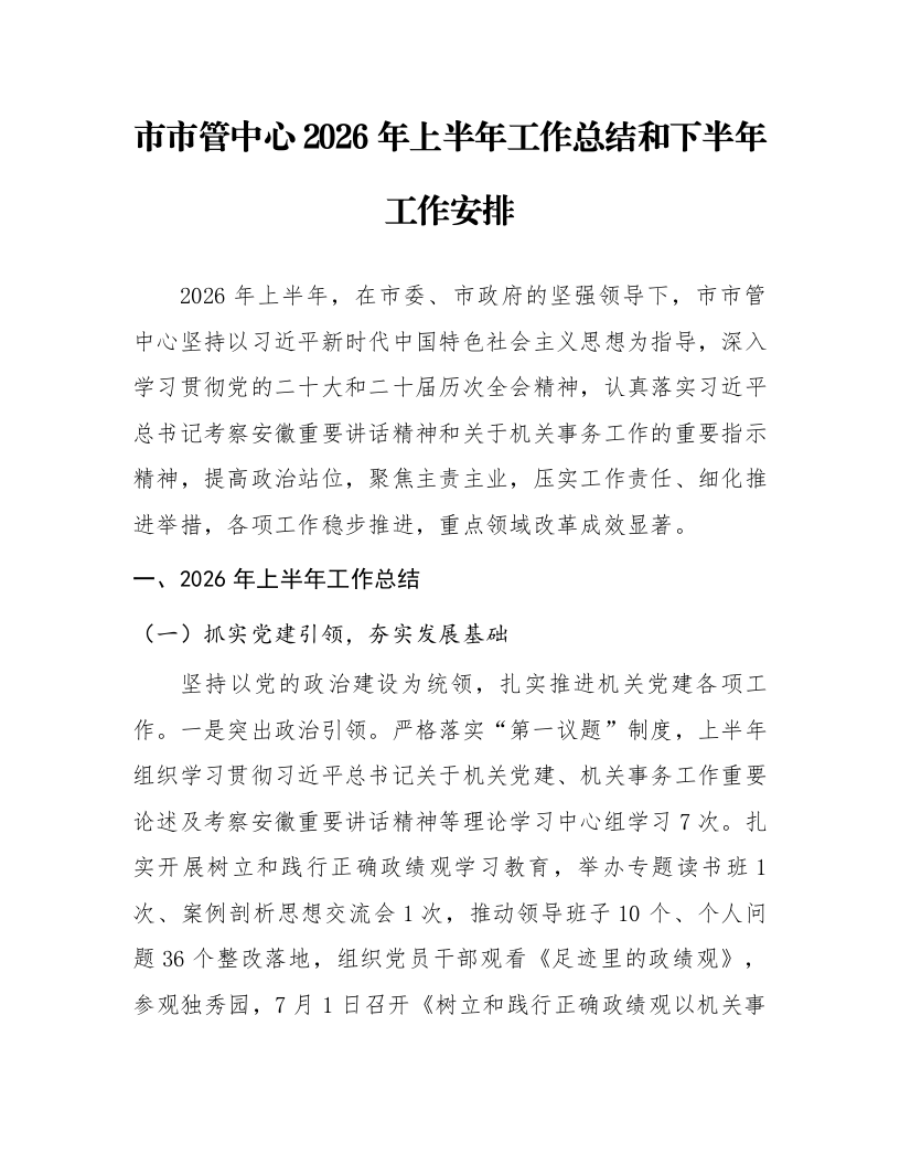 市市管中心2026年上半年工作总结和下半年工作安排_第1页