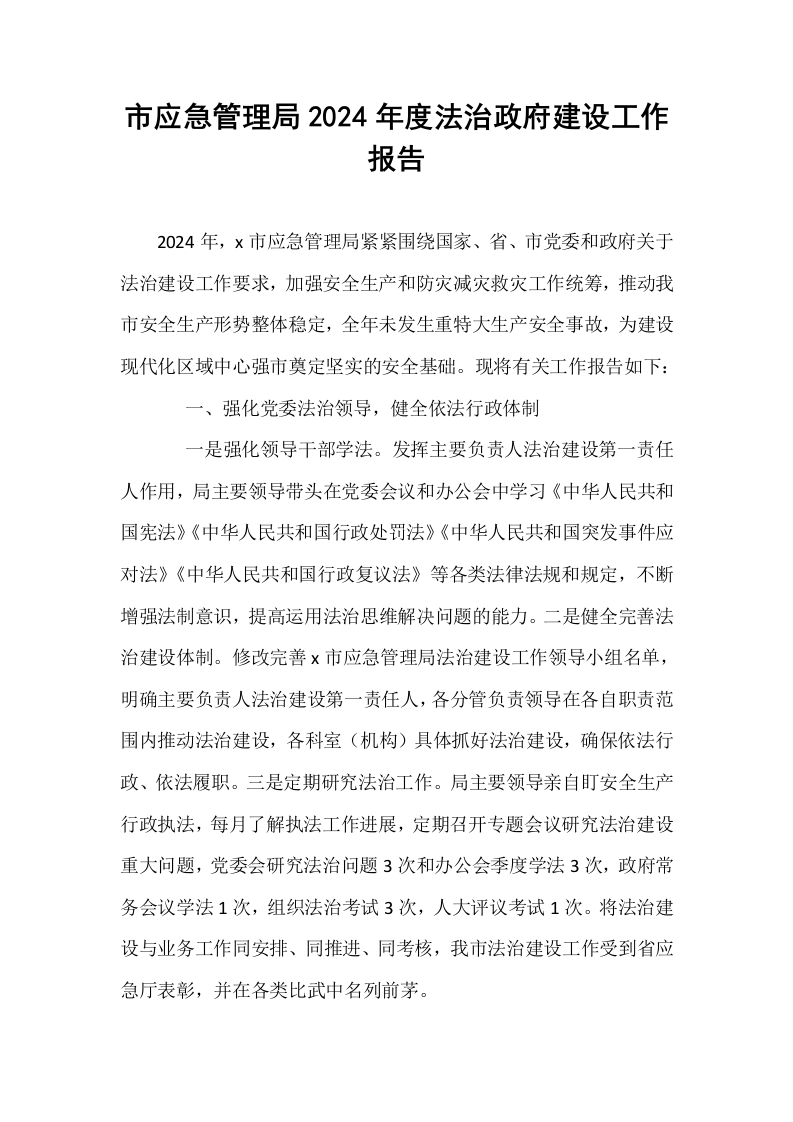 市应急管理局2024年度法治政府建设工作报告._第1页