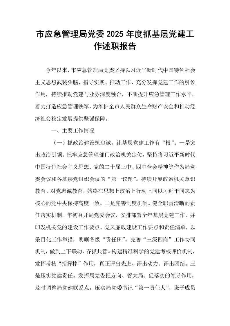 市应急管理局党委2025年度抓基层党建工作述职报告_第1页