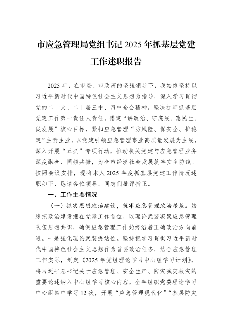 市应急管理局党组书记2025年抓基层党建工作述职报告_第1页