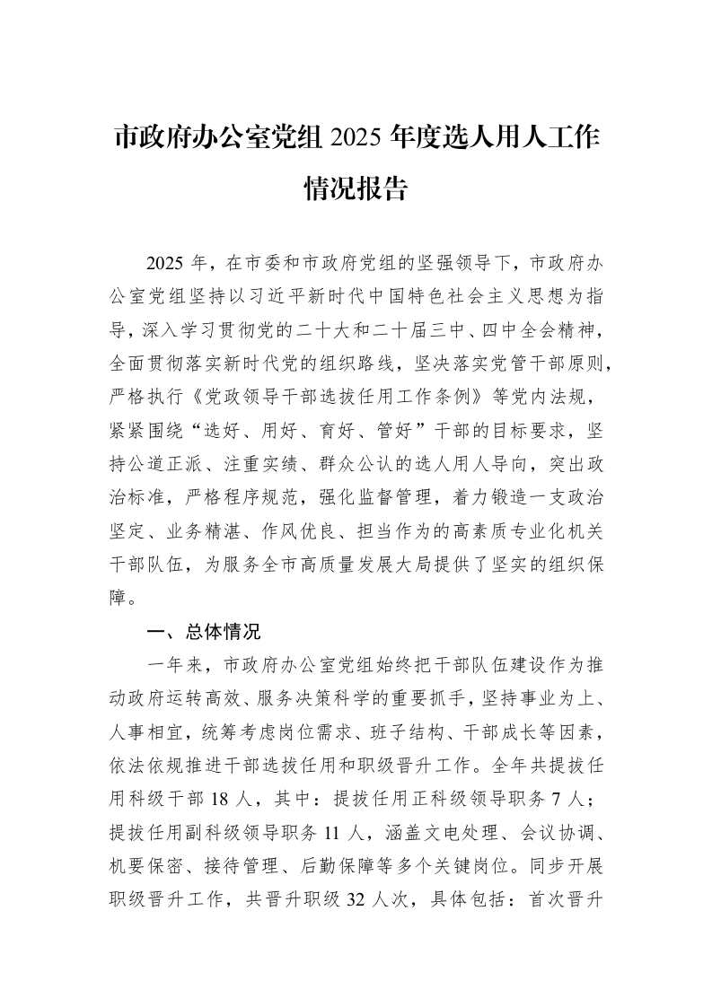 市政府办公室党组2025年度选人用人工作情况报告_第1页