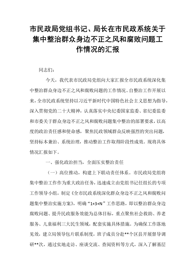 市民政局党组书记、局长在市民政系统关于集中整治群众身边不正之风和腐败问题工作情况的汇报_第1页