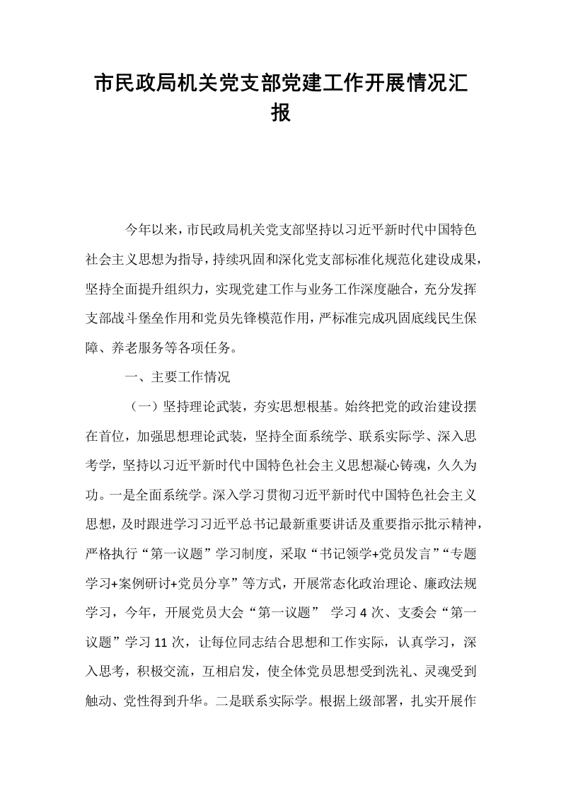 市民政局机关党支部党建工作开展情况汇报_第1页