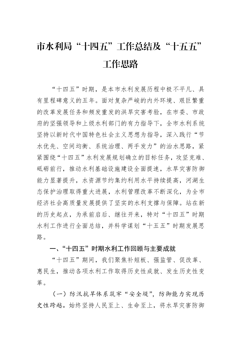 市水利局“十四五”工作总结及“十五五”工作思路_第1页