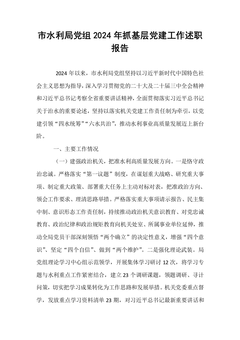 市水利局党组2024年抓基层党建工作述职报告._第1页