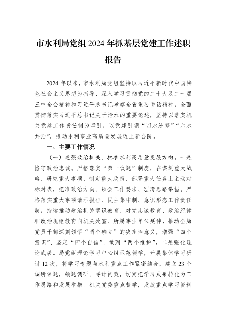 市水利局党组2024年抓基层党建工作述职报告_第1页