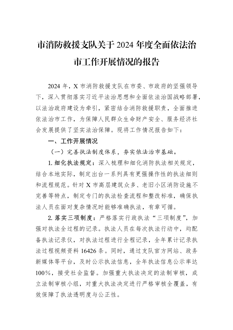 市消防救援支队关于2024年度全面依法治市工作开展情况的报告_第1页