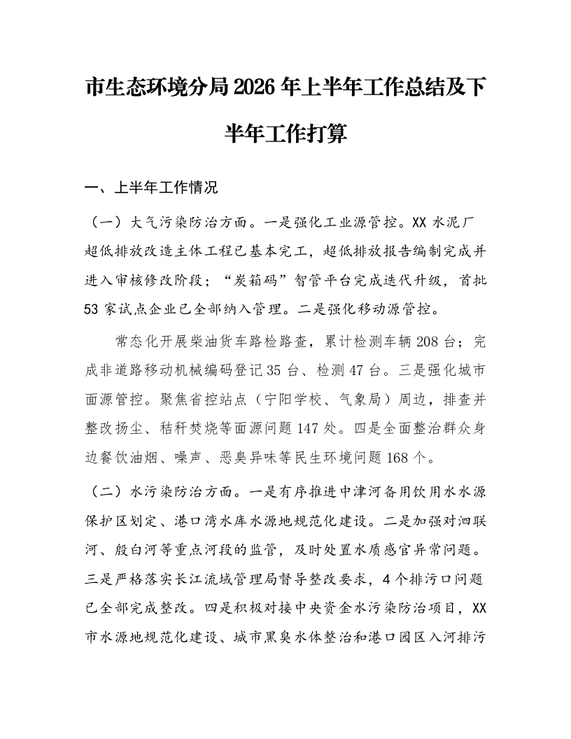 市生态环境分局2026年上半年工作总结及下半年工作打算_第1页