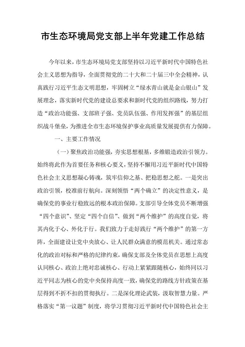 市生态环境局党支部上半年党建工作总结_第1页