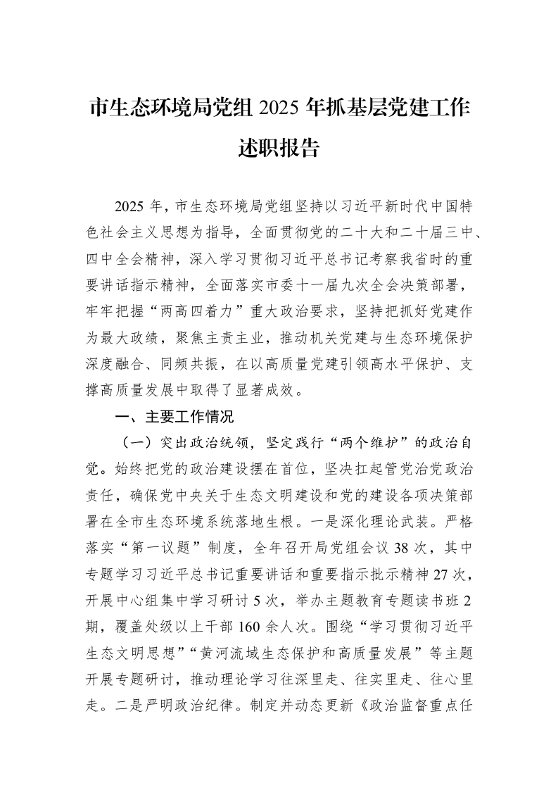 市生态环境局党组2025年抓基层党建工作述职报告_第1页